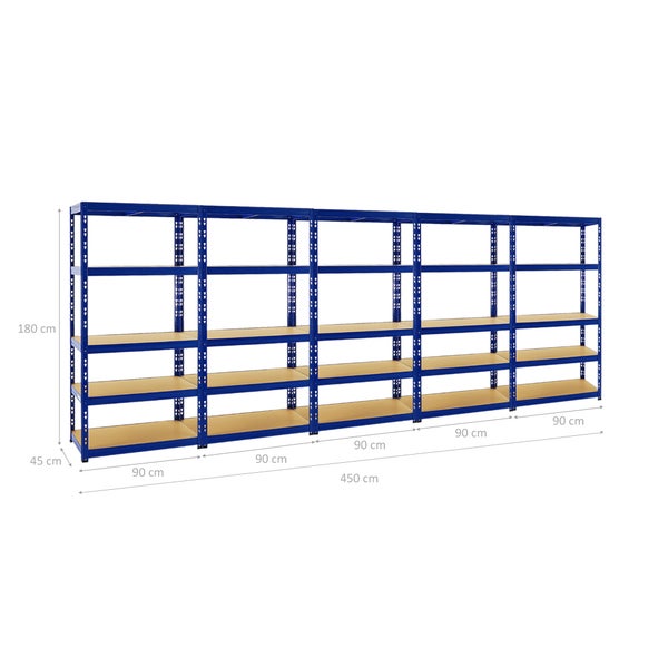 PROREGAL Mega Deal 5x Schwerlastregal Tiger HxBxT 180 x 90 x 45 cm Fachlast 265 kg 5-Ebenen Blau