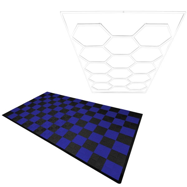 Belüftete Garagenbodenfliesen und sechseckige LED-Leuchten 60 Schwarze x 60 Blaue - mit Kanten