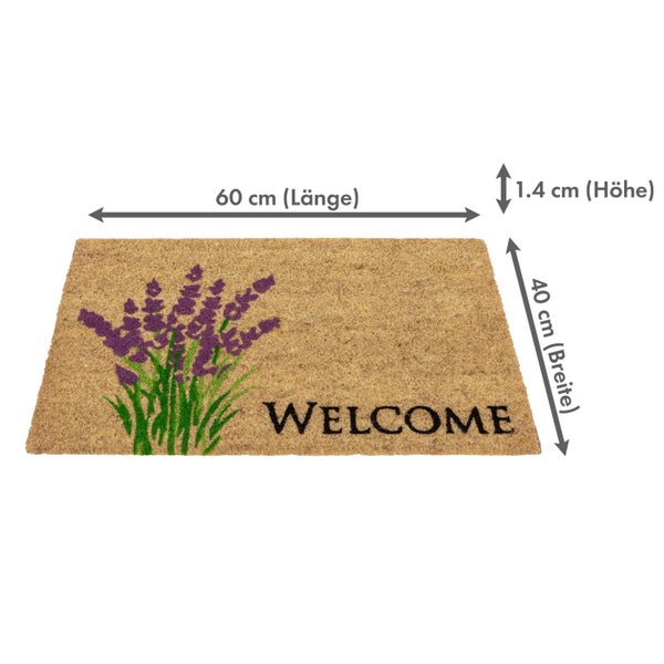Fußmatte aus Kokosfaser mit Lavendelmotiv und Willkommensgruß, 60 x 40 cm