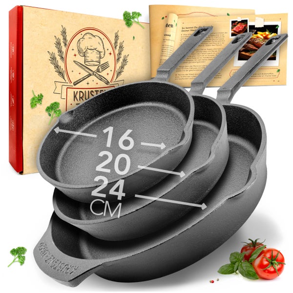 KRUSTENZAUBER 16+20+24cm Gusseisenpfannen Induktion - Voreingebrannte Gusseisen Pfannen - Ideale Grillpfanne Induktion, Eisenpfanne, Cast Iron Pan, Bratpfanne, Gusseiserne Pfanne Skillet Gusspfanne