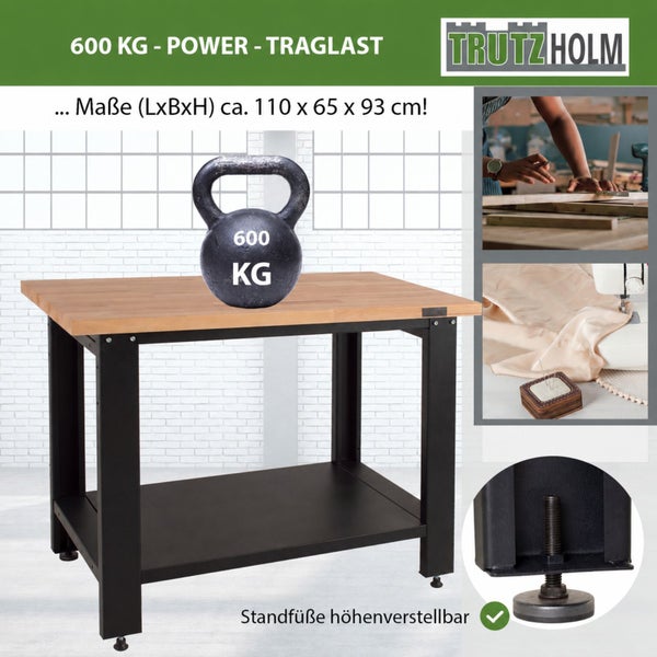 Trutzholm Werkbank mit Holzplatte, 600 Kilogramm Traglast, Maße circa 110 mal 65 mal 93 Zentimeter, höhenverstellbare Standfüße und Ablagefach.