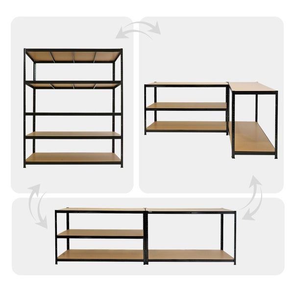 Modulares Schwerlastregal aus Metall mit Holzböden, konfigurierbar als hohes Regal, Eckregal oder Werkbank.