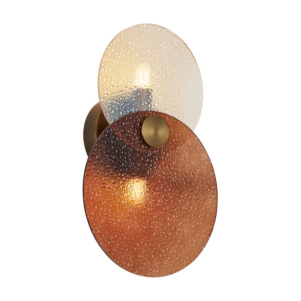 Wandleuchte mit zwei runden Glasscheiben in strukturierter Optik und metallischer Halterung
