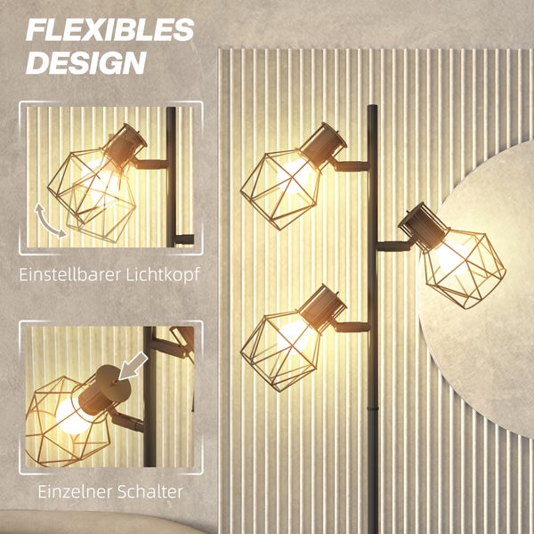 Stehlampe mit drei Lampenköpfen und verstellbaren Lichtköpfen