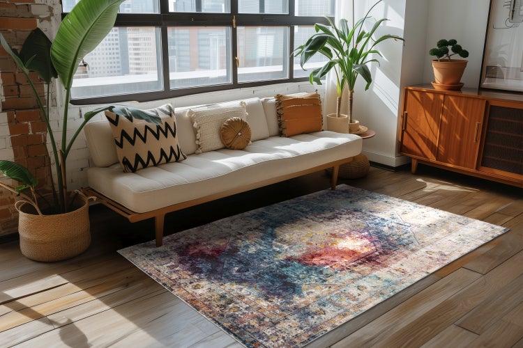Helles Wohnzimmer mit einem orientalisch gemusterten Teppich auf einem Holzboden vor einem Sofa mit Kissen und einer Zimmerpflanze.