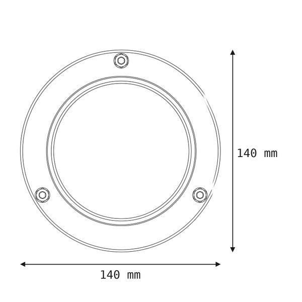 Technische Zeichnung eines runden Einbaustrahlers mit 140 Millimeter Durchmesser in der Draufsicht.