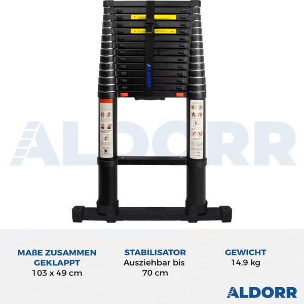 ALDORR Professional - Teleskopleiter 4,40M mit ausziehbarer Stabilisatorstange - Belastbarkeit bis zu 150kg - Soft-Close-System