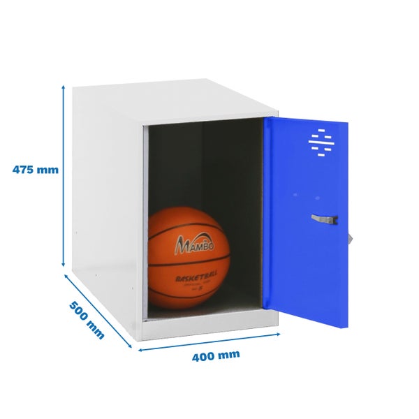 Metallgarderobenschrank mit einer Tür und einem Basketball darin, Maße: 475 mm Höhe, 500 mm Breite, 400 mm Tiefe