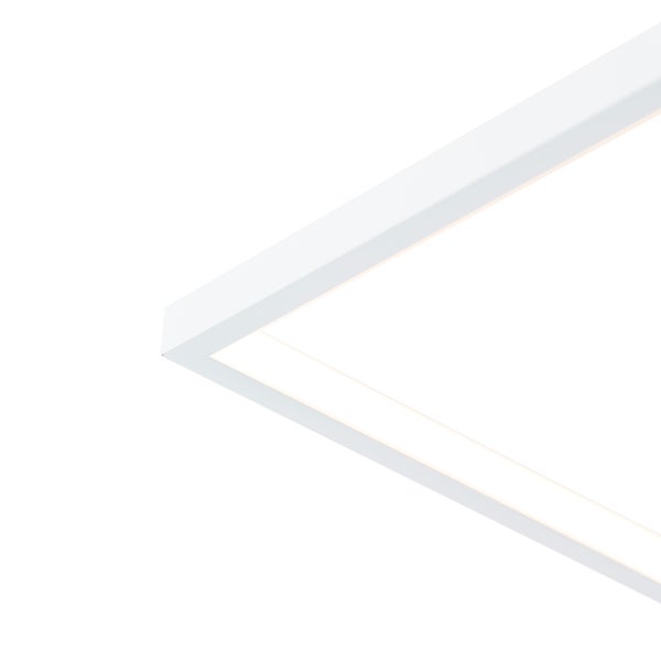 Eckdetail einer weißen quadratischen LED-Deckenleuchte mit schlichtem Rahmen.