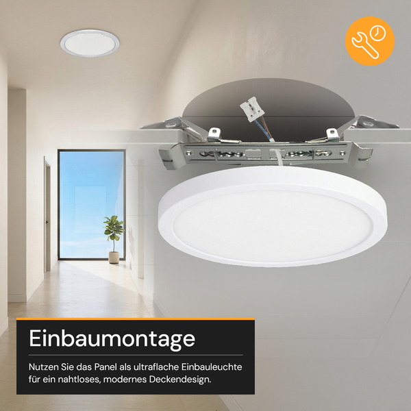 Hell gestalteter moderner Flur mit ultraflachem rundem LED-Panel zur Decken-Einbaumontage. Montageelemente im Detail sichtbar. Schnelle Montage.