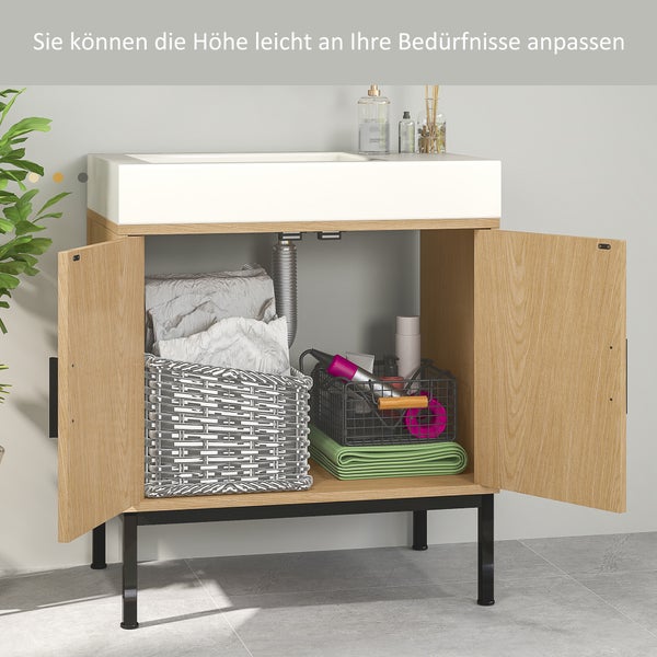 kleankin Waschbeckenunterschrank Unterschrank mit Schrankfach, Waschtischunterschrank mit Rattanoptik, Badunterschrank mit Kippschutz, Eiche, 60 x 39 x 60 cm