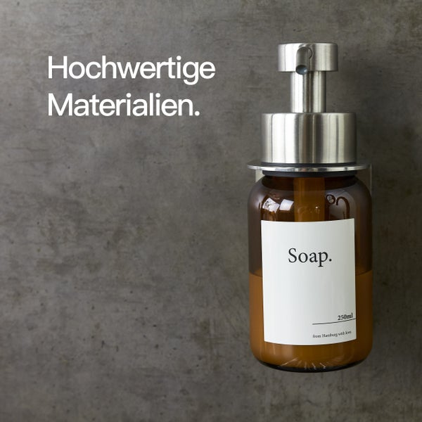 Designfabrik Hamburg Seifenspender mit Wandhalter ohne Bohren Edelstahl | Braunglas 250ml