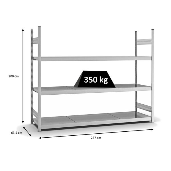 PROREGAL Weitspannregal Stecksystem T-Profil Grundregal HxBxT 200x250x60 cm 3 Ebenen Stahlplatten Fachboden Fachlast 350 kg Verzinkt