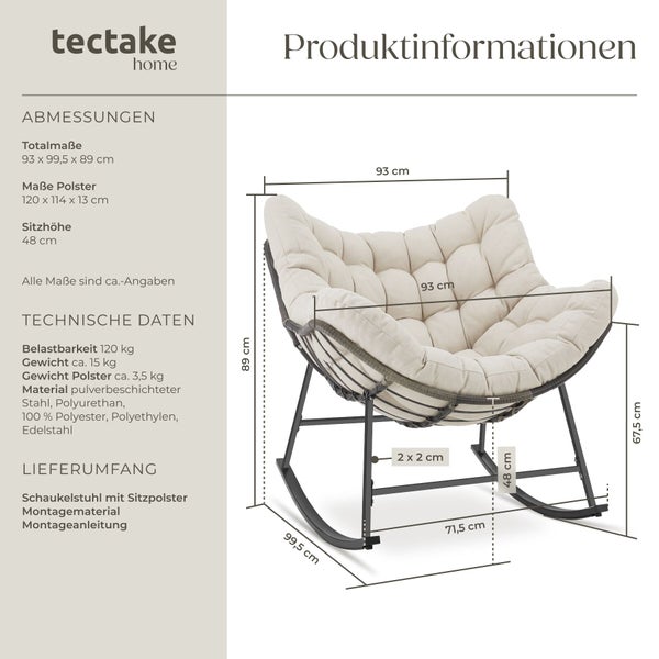 Produktinformationen zum tectake home Schaukelstuhl mit Sitzpolster, Maße circa 93 mal 99,5 mal 89 Zentimeter, Belastbarkeit 120 Kilogramm.