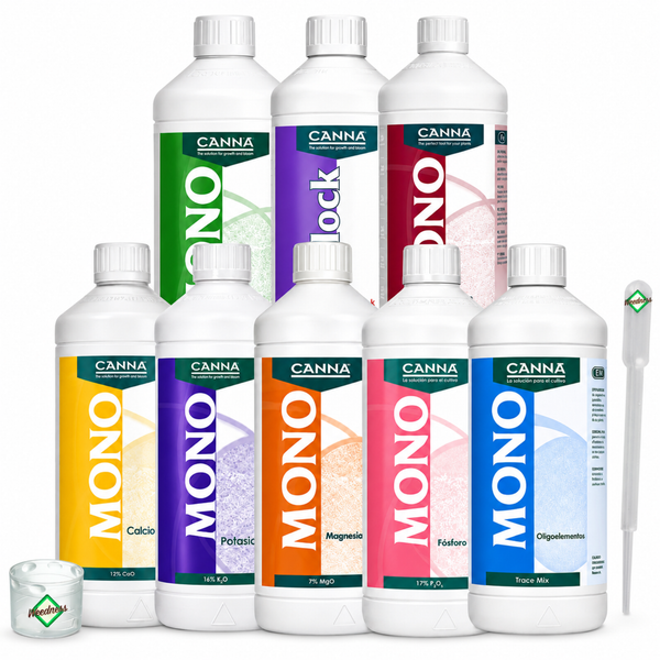 Set aus verschiedenen Canna Mono Pflanzennährstoffen in Kunststoffflaschen mit Messbecher und Pipette für die Pflanzenpflege.