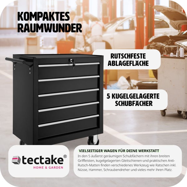 Werkzeugwagen tectake  Rollen Ø 100 mm 5 kugelgelagerte Schubladen mit Antirutschmatten schwarz