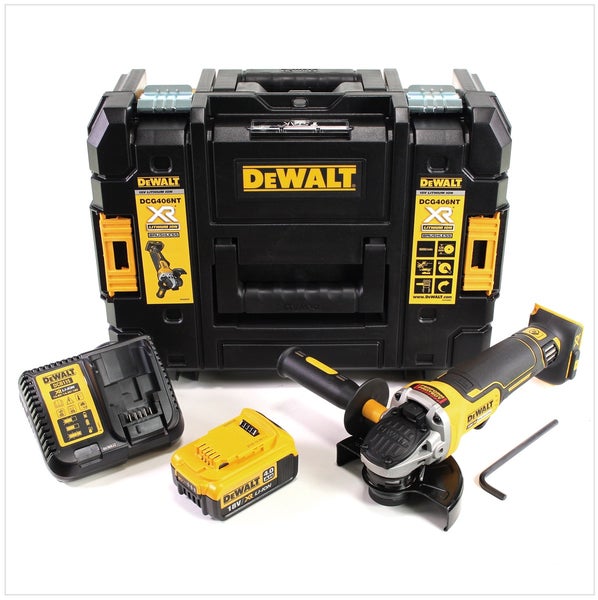 DeWalt 18 Volt Akku-Winkelschleifer Set mit Akku, Ladegerät, TSTAK Werkzeugkoffer und Innensechskantschlüssel.