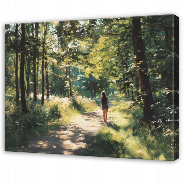 Wandbild auf Leinwand mit einer impressionistischen Darstellung einer Frau, die durch einen sonnendurchfluteten Waldweg spaziert.