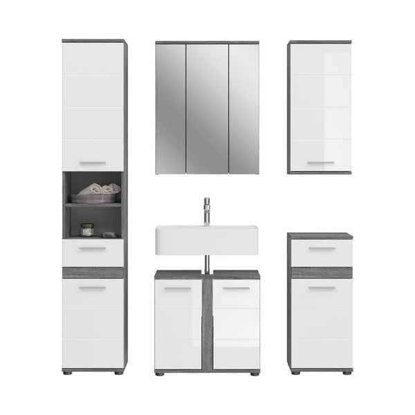 Modernes Badezimmermöbel-Set in Weiß und Anthrazit, bestehend aus Hochschrank, Spiegelschrank, Waschbecken mit Unterschrank und Beistellschränken.