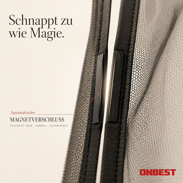 Automatischer Magnetverschluss für Insektenschutzgitter mit Onbest Logo.