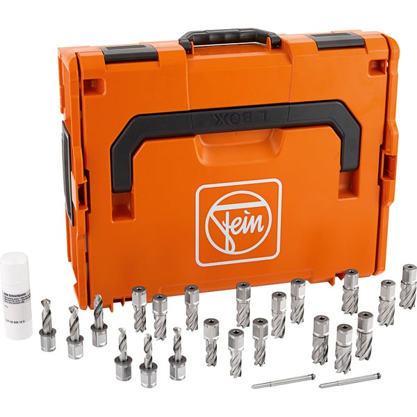 Kernbohrer-Set mit Hartmetallspitze in orangefarbenem Werkzeugkoffer mit Zubehör