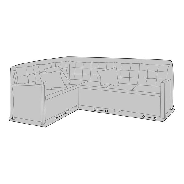 Abdeckhülle für eine L-förmige Ecklounge mit Befestigungsösen am unteren Rand.