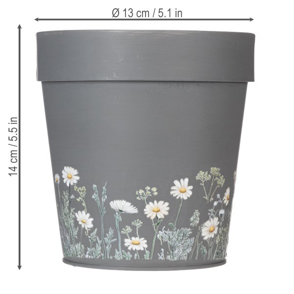 Grauer Zinktopf mit Gänseblümchen-Motiv, Pflanztopf aus Metall.