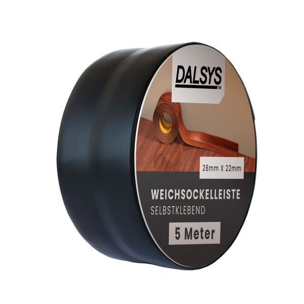 Schwarze Dalsys Weichsockelleiste selbstklebend, 5 Meter lang, 28 Millimeter mal 22 Millimeter.