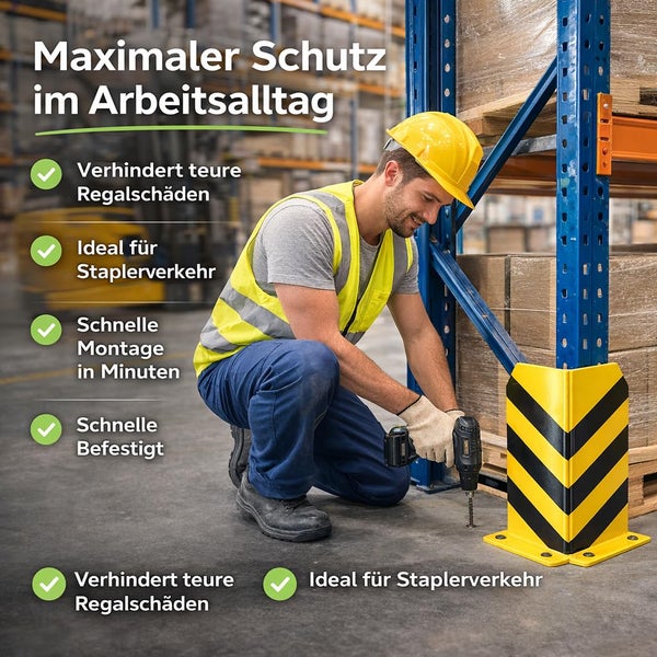 Ein Arbeiter montiert einen gelb-schwarz gestreiften Rammschutz an einem Lagerregal mit einem Akkubohrer.