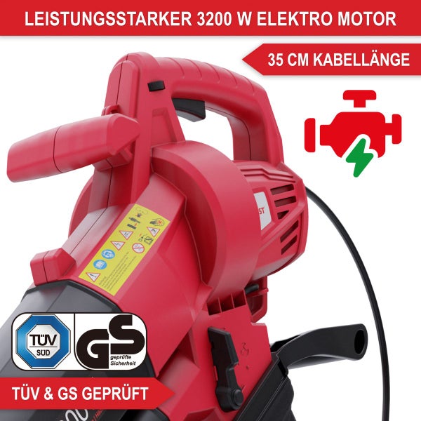 Detailansicht eines elektrischen Laubsaugers mit 3200 Watt Motor, 35 Zentimeter Kabellänge, TÜV Süd Logo und GS Geprüft Logo.