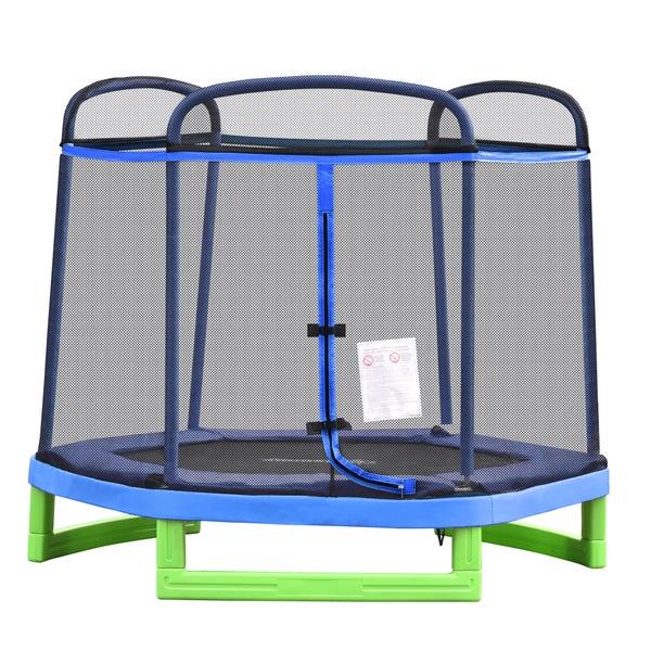 HOMCOM Kindertrampolin, Gartentrampolin mit Sicherheitsnetz, für 3-12 Jahre Kinder, bis 80 kg, 215 x 200 x 190 cm, Stahl, Blau+Grün