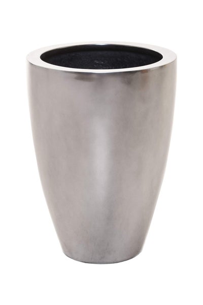 Hoher, konischer Pflanzkübel in silberner Metallic-Optik.
