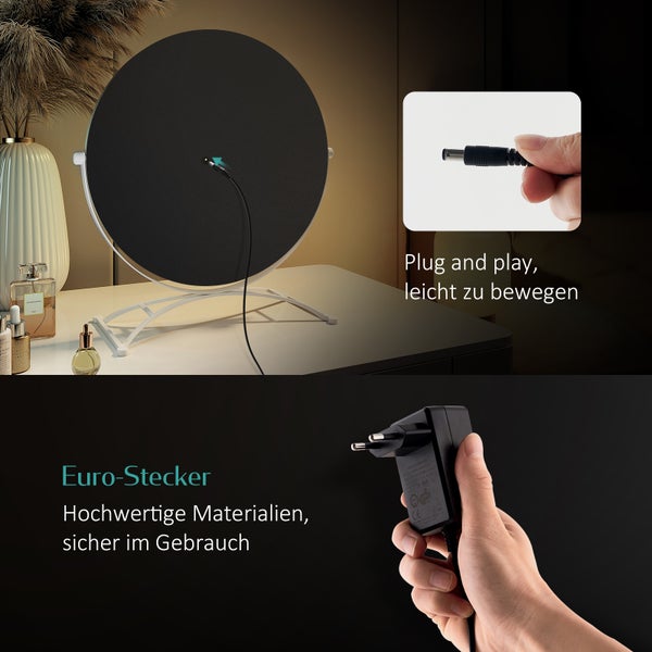 EMKE Hollywood Schminkspiegel Ø40 cm, LED-Tischspiegel mit Touch-Funktion, 9 dimmbare Leuchtmittel, 3 Lichtfarben, 7x Vergrößerung, Memory-Funktion, 360° drehbar, bohrfrei, Weiß – für Schminktisch & Schlafzimmer