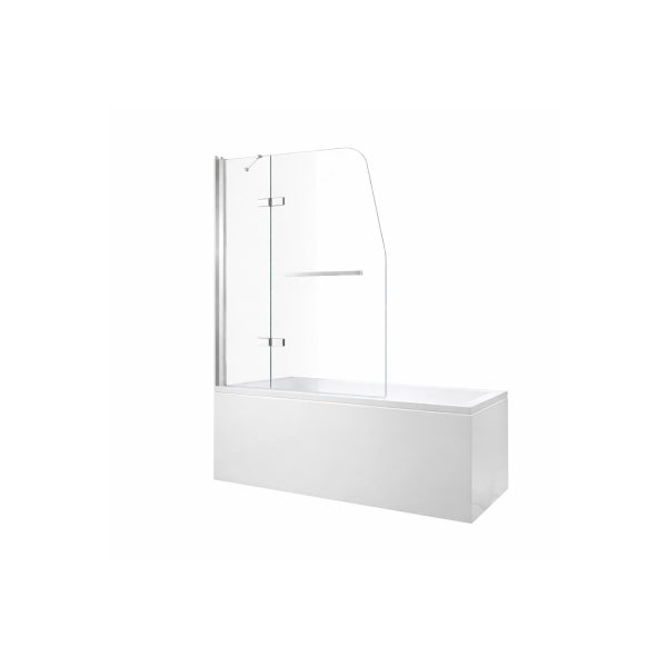 Zweiteilige Badewannenfaltwand aus Glas auf einer weißen Badewanne mit verchromten Beschlägen und Handtuchhalter.