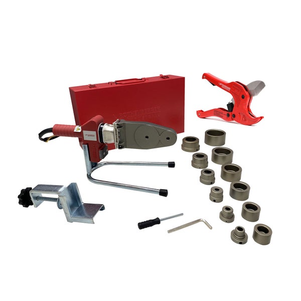 Rothenberger Industrial Muffenschweißgerät Set für Kunststoffrohre, inklusive Rohrschneider, Heizstutzen, Heizbuchsen und Transportkoffer.