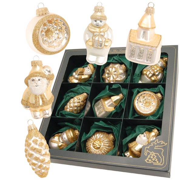 Goldfarbiges Formen- & Figuren-Sortiment 6-8cm, 9-teilig, Glasornamente, mundgeblasen, handbemalt, 9 Stck., Weihnachtsbaumkugeln, Christbaumschmuck, Weihnachtsbaumanhänger