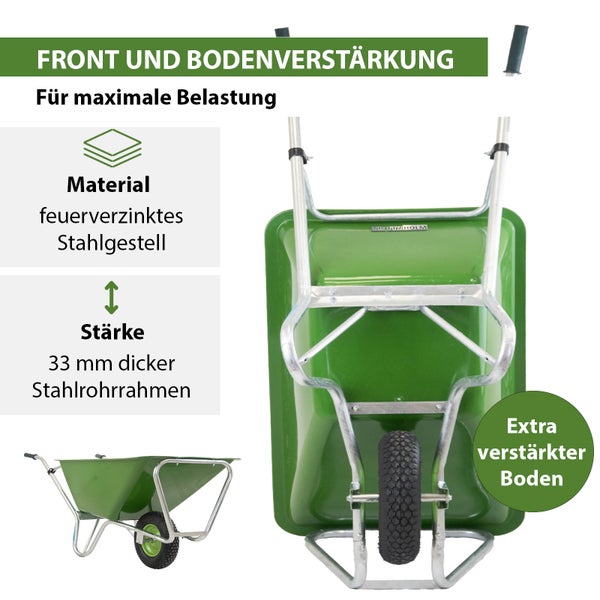 Verstärkte Schubkarre mit feuerverzinktem Stahlgestell und 33 Millimeter dickem Stahlrohrrahmen für maximale Belastung.