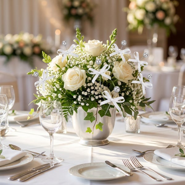Tischgesteck mit weißen Rosen, Schleifen und Perlensteckern in einer silbernen Vase als festliche Tischdekoration auf einem gedeckten Tisch.