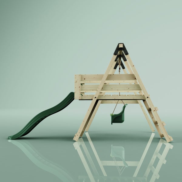Kinderspielgerät aus Holz mit einer grünen Sicherheitsschaukel, einer Kletterplattform mit Leiter und einer grünen Rutsche.