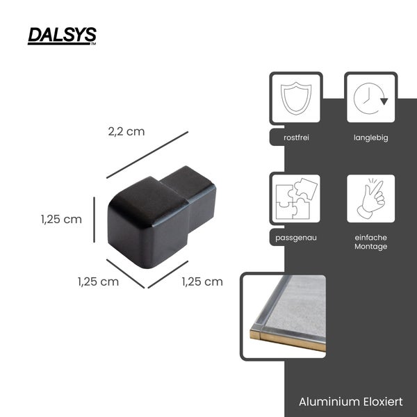 Dalsys Logo, Endstück aus eloxiertem Aluminium, 2,2 mal 1,25 mal 1,25 Zentimeter, rostfrei, langlebig, passgenau, einfache Montage.