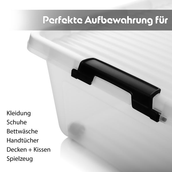 Transparente Aufbewahrungsbox aus Kunststoff mit schwarzem Verschluss