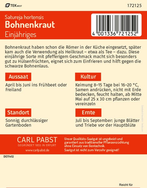 Rückseite einer Samentüte für Bohnenkraut von Carl Pabst mit Informationen zu Aussaat, Kultur, Standort und Ernte. Carl Pabst Logo.
