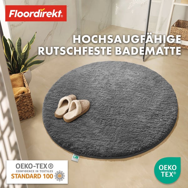 Hochflor Badematte, rutschfest, rund, mit Hausschuhen und Öko-Tex Standard 100 Siegel