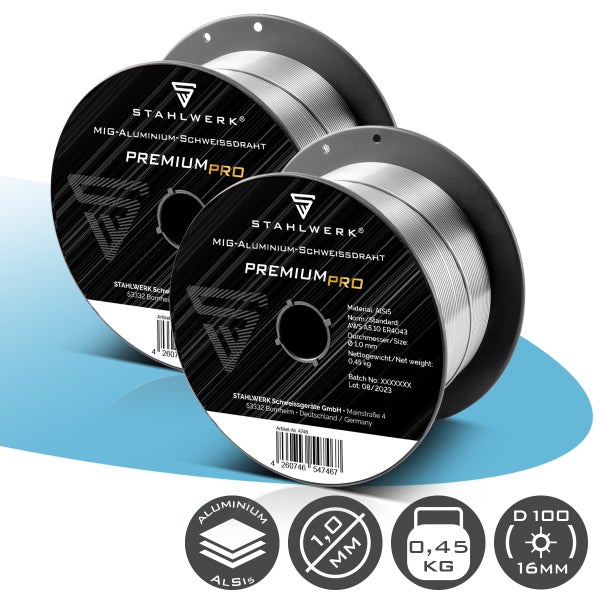 Stahlwerk MIG-Aluminium-Schweißdraht PremiumPro AlSi5, 1,0 Millimeter Durchmesser, 0,45 Kilogramm, zwei Rollen für Aluminiumlegierungen.