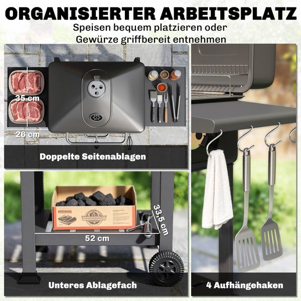 Holzkohlegrill mit doppelten Seitenablagen, unterem Ablagefach für Kohle und vier Aufhängehaken für Grillbesteck.