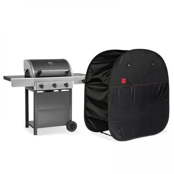 Gasgrill mit drei Brennern und passender schwarzer Abdeckhaube.