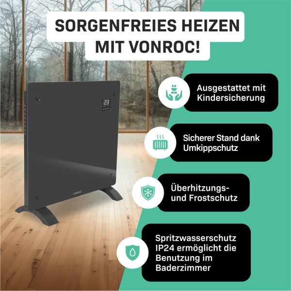 Vonroc Heizgerät mit Kindersicherung, Kippschutz, Überhitzungsschutz, Frostschutz und Spritzwasserschutz
