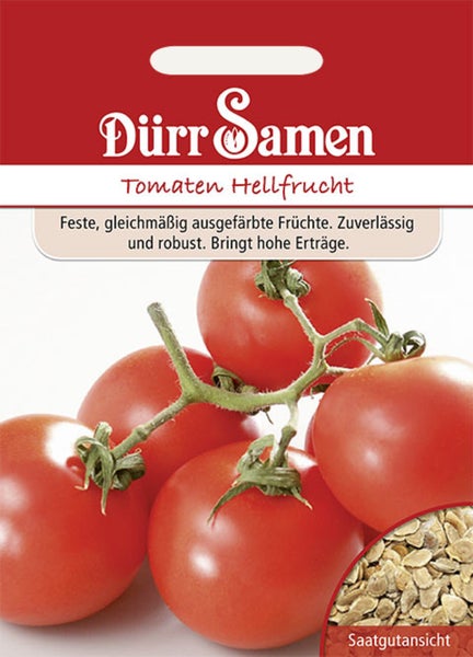 Samentüte für Tomaten Hellfrucht, Dürr Samen Logo, Abbildung von Tomaten an der Rispe und Ansicht der Samen.