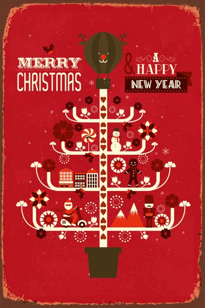 Blechschild, Alu-Dibond, Retro Wandbild Weihnachten Roter Weihnachtsbaum mit Spruch STA2489 in 20x30cm inkl. Lochbohrung