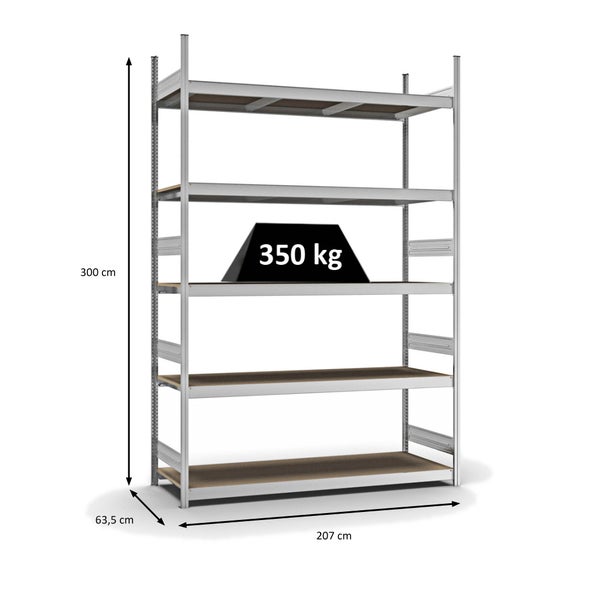 PROREGAL Weitspannregal Stecksystem T-Profil Grundregal HxBxT 300x200x60 cm 5 Ebenen Spanplatten Fachboden Fachlast 350 kg Verzinkt